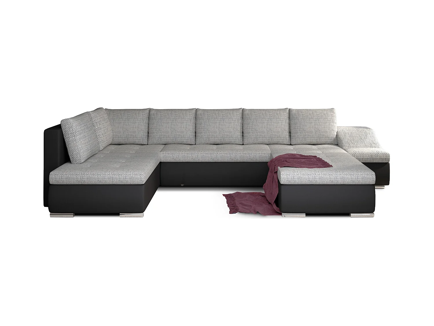 Canapé panoramique convertible JONAZ simili cuir, tissu - Rangement integré-Noir/Gris clair chiné-Méridienne A droite