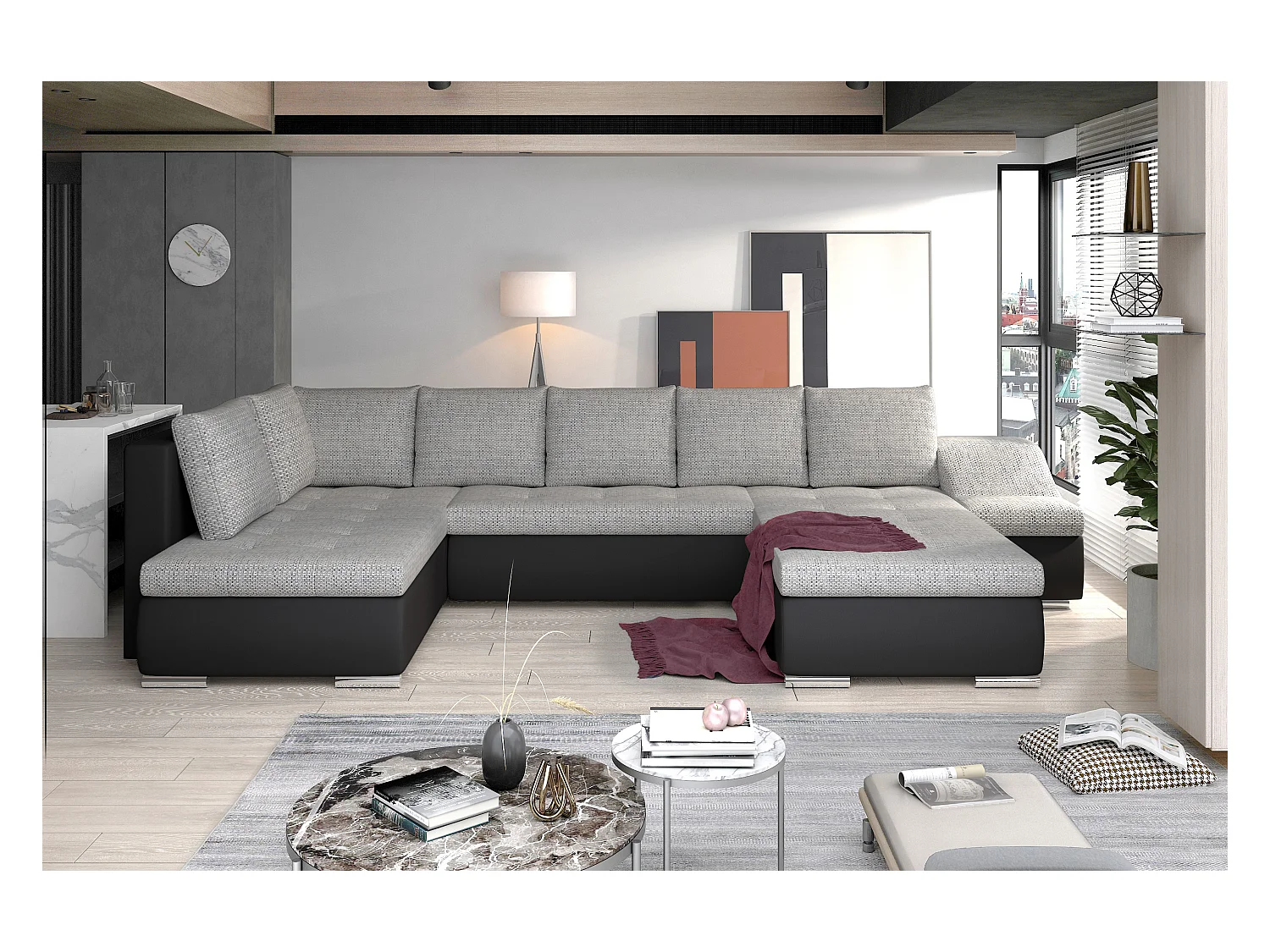 Canapé panoramique convertible JONAZ simili cuir, tissu - Rangement integré-Noir/Gris clair chiné-Méridienne A droite