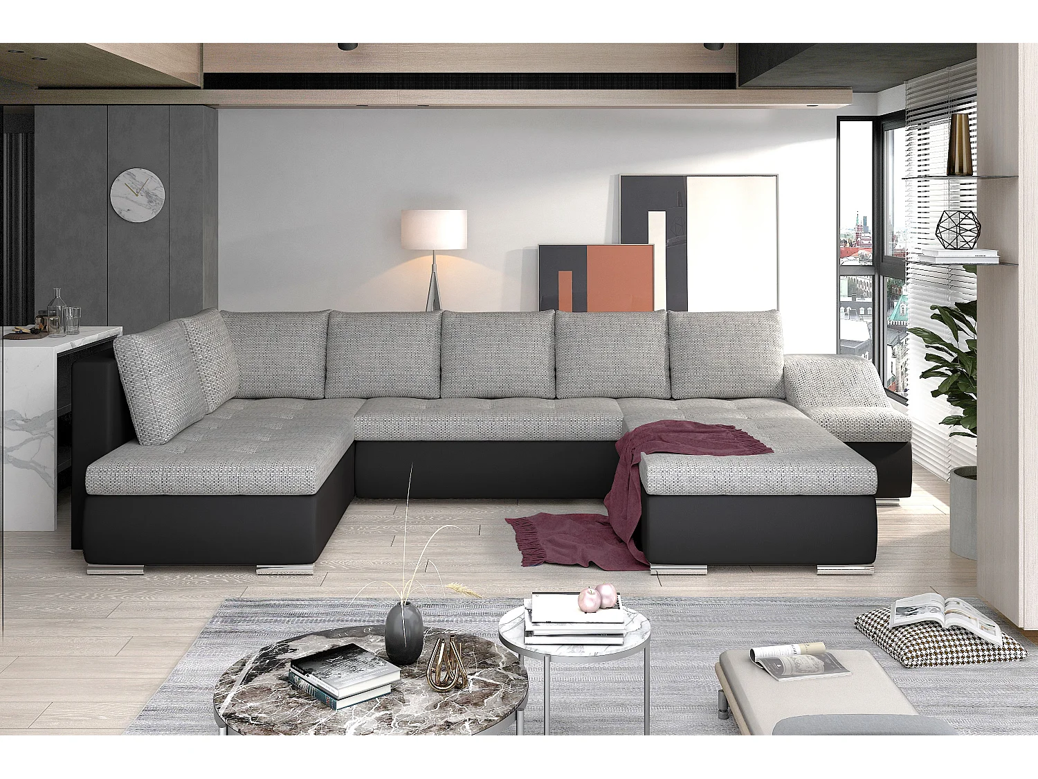 Canapé panoramique convertible JONAZ simili cuir, tissu - Rangement integré-Noir/Gris clair chiné-Méridienne A droite