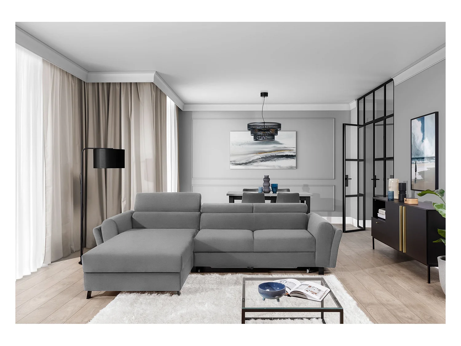 MAZALI fluwelen omvormbare hoekbank - Verstelbare hoofdsteunen en opbergruimte-Kleur Grijs-Dagbed Naar links