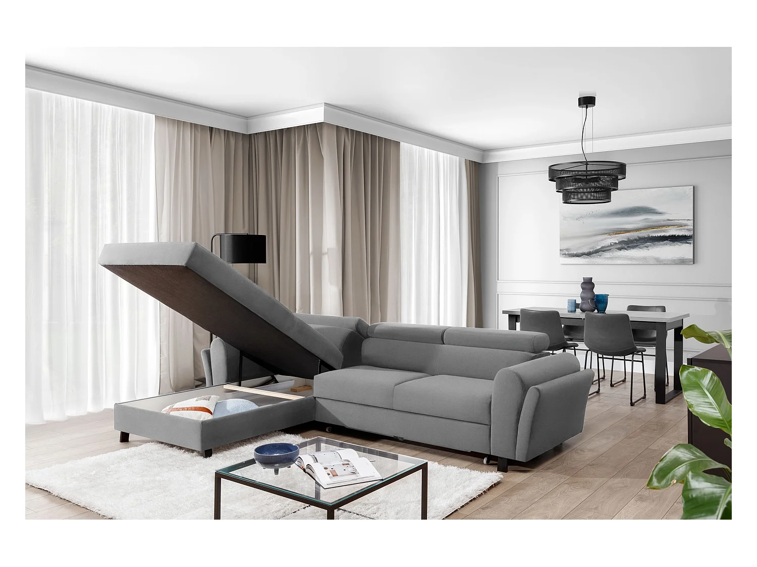 MAZALI fluwelen omvormbare hoekbank - Verstelbare hoofdsteunen en opbergruimte-Kleur Grijs-Dagbed Naar links