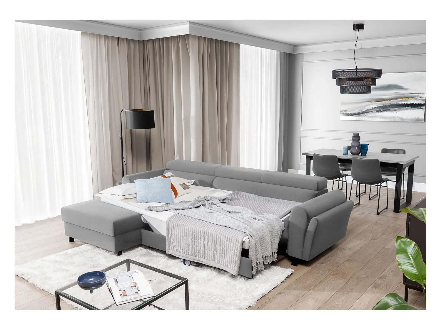 MAZALI fluwelen omvormbare hoekbank - Verstelbare hoofdsteunen en opbergruimte-Kleur Grijs-Dagbed Naar links