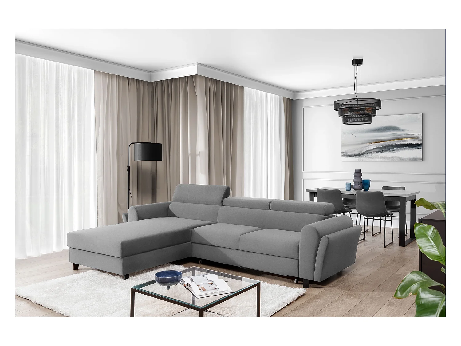 MAZALI fluwelen omvormbare hoekbank - Verstelbare hoofdsteunen en opbergruimte-Kleur Grijs-Dagbed Naar links