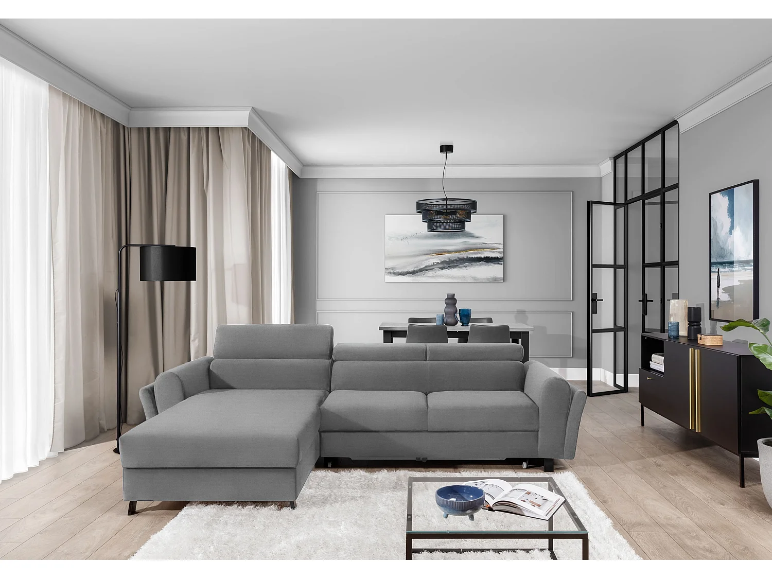 Canapé d’angle convertible MAZALI velours - Appuis-tête réglables et rangement-Gris-Méridienne A gauche