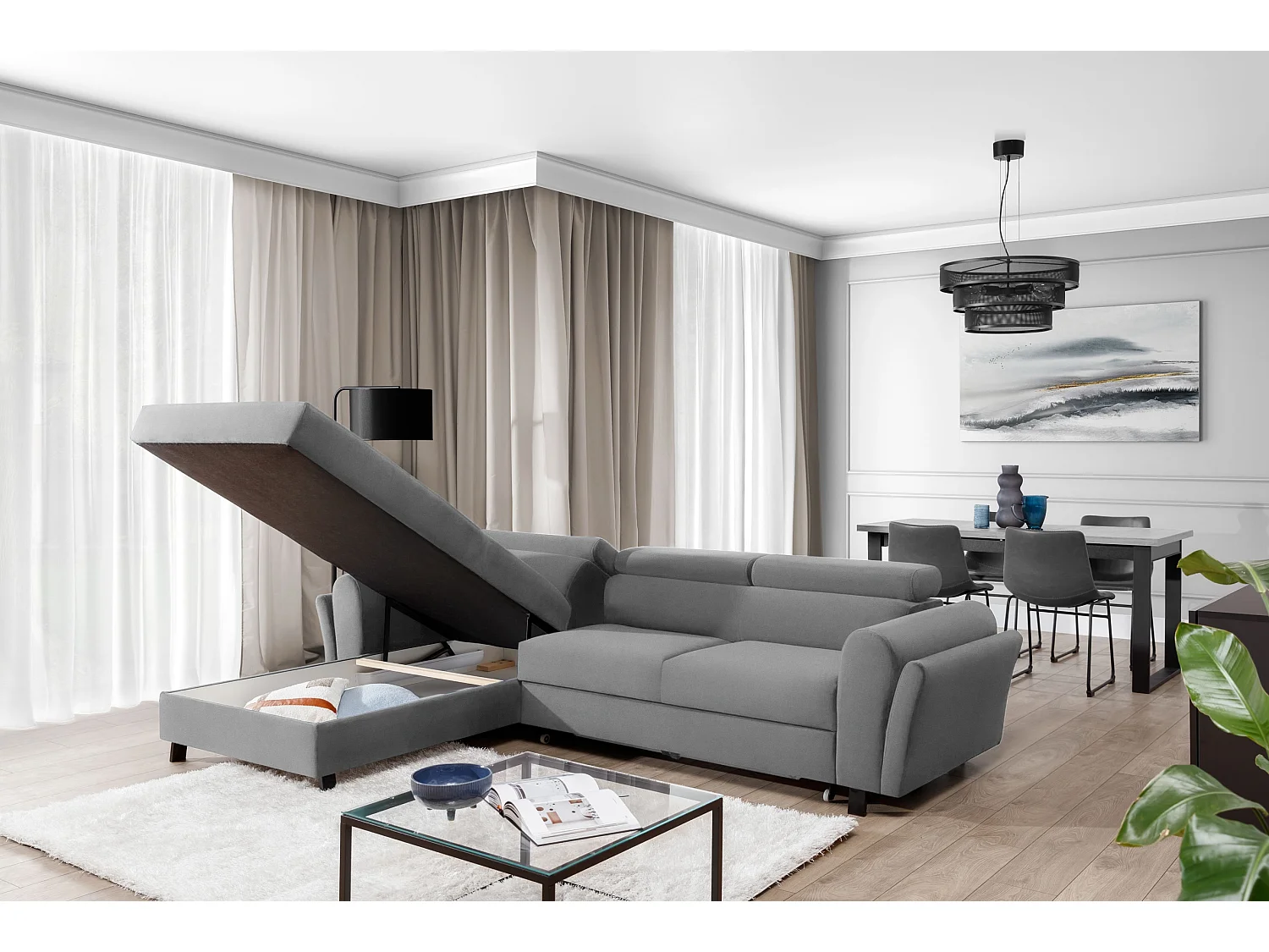 Canapé d’angle convertible MAZALI velours - Appuis-tête réglables et rangement-Gris-Méridienne A gauche