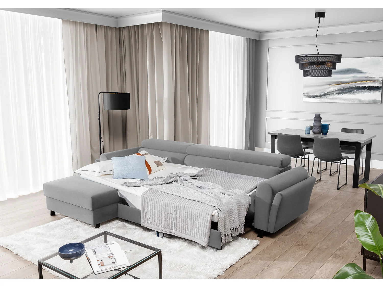 Canapé d’angle convertible MAZALI velours - Appuis-tête réglables et rangement-Gris-Méridienne A gauche