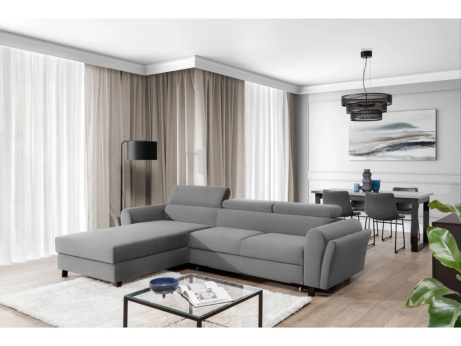 Canapé d’angle convertible MAZALI velours - Appuis-tête réglables et rangement-Gris-Méridienne A gauche