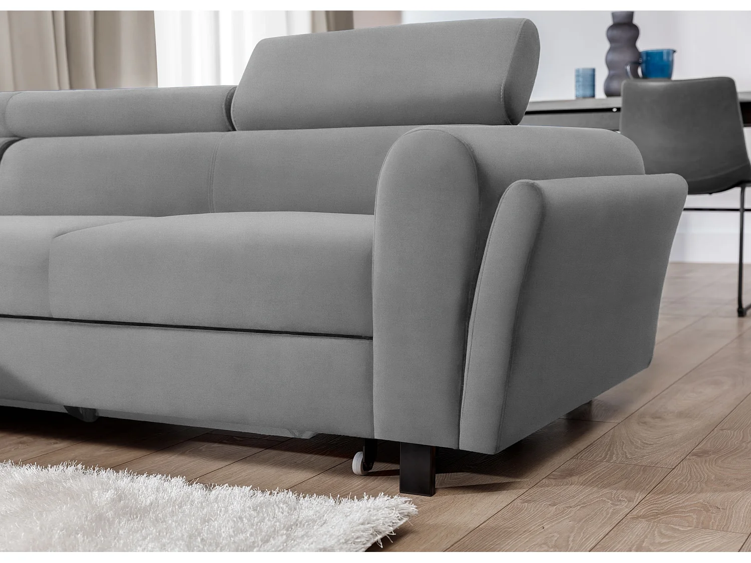 Canapé d’angle convertible MAZALI velours - Appuis-tête réglables et rangement-Gris-Méridienne A gauche