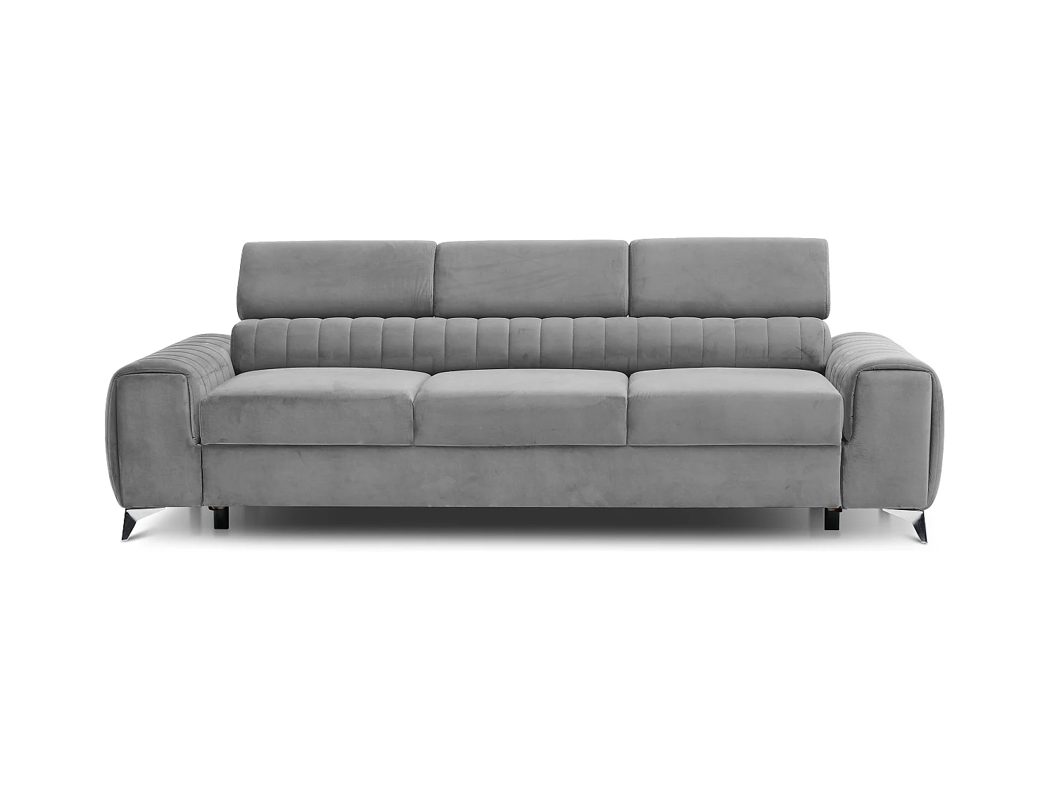 Canapé convertible velours LOZA - Appuis-tête réglables et pieds acier chromé-Gris clair