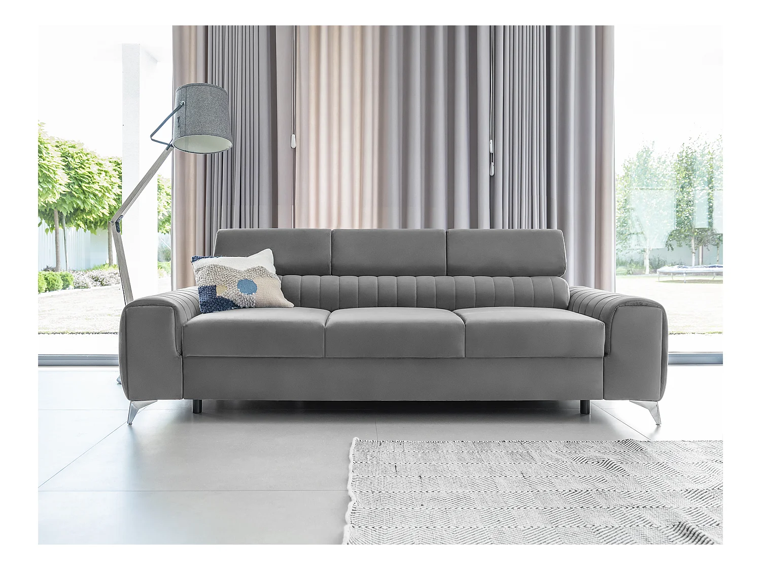 Canapé convertible velours LOZA - Appuis-tête réglables et pieds acier chromé-Gris clair