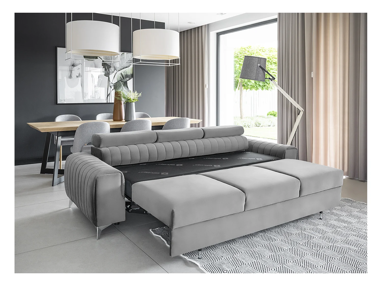 Canapé convertible velours LOZA - Appuis-tête réglables et pieds acier chromé-Gris clair