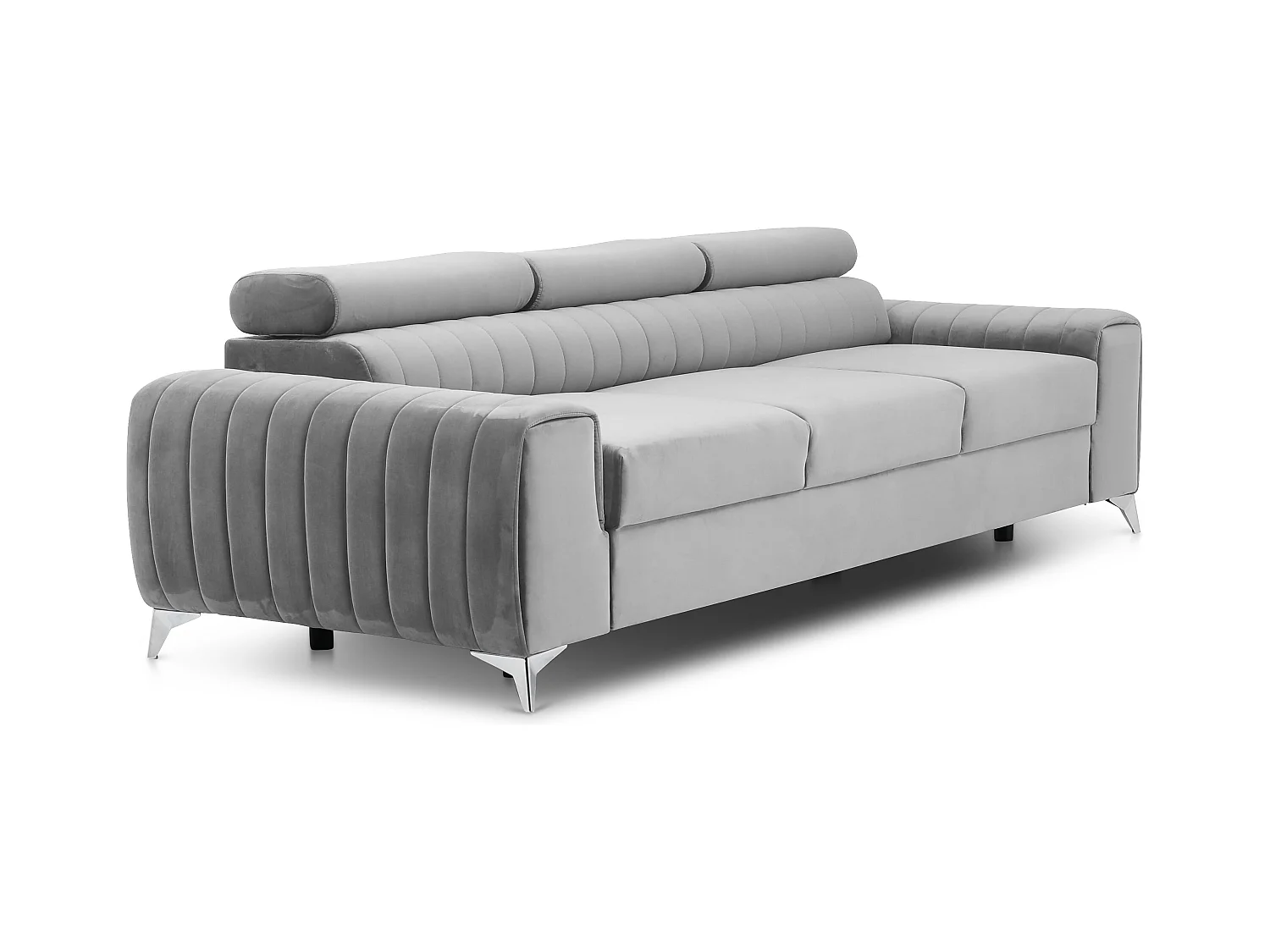 Canapé convertible velours LOZA - Appuis-tête réglables et pieds acier chromé-Gris clair