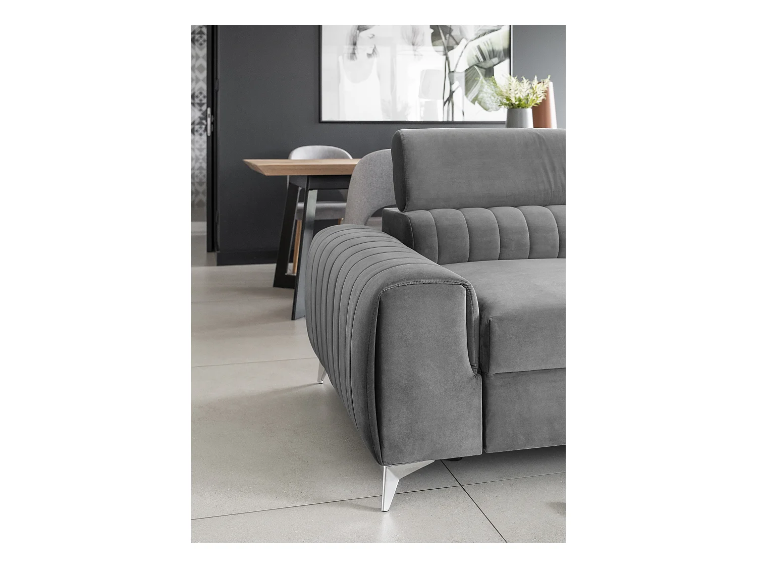 Canapé convertible velours LOZA - Appuis-tête réglables et pieds acier chromé-Gris clair