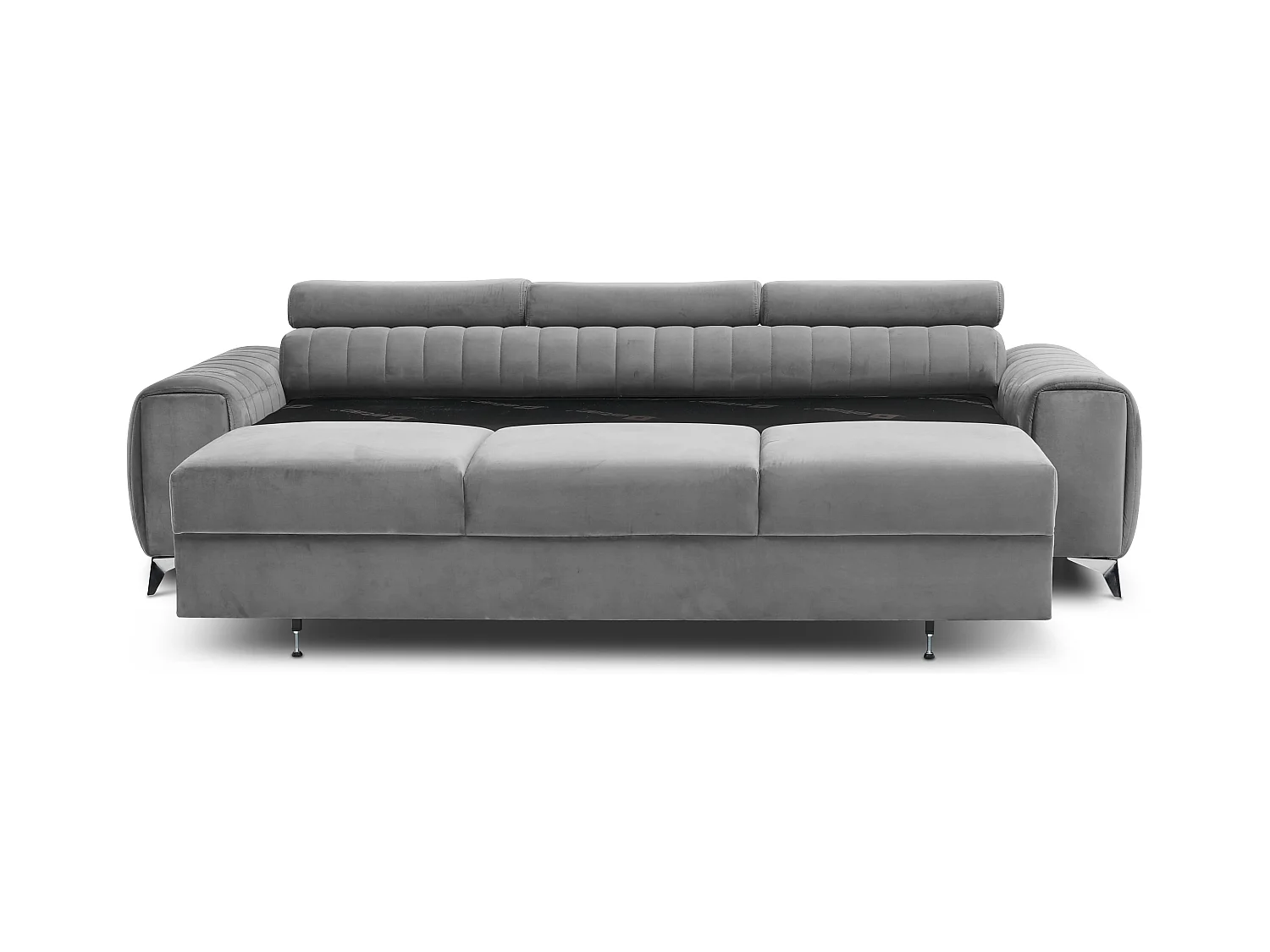 Canapé convertible velours LOZA - Appuis-tête réglables et pieds acier chromé-Gris clair