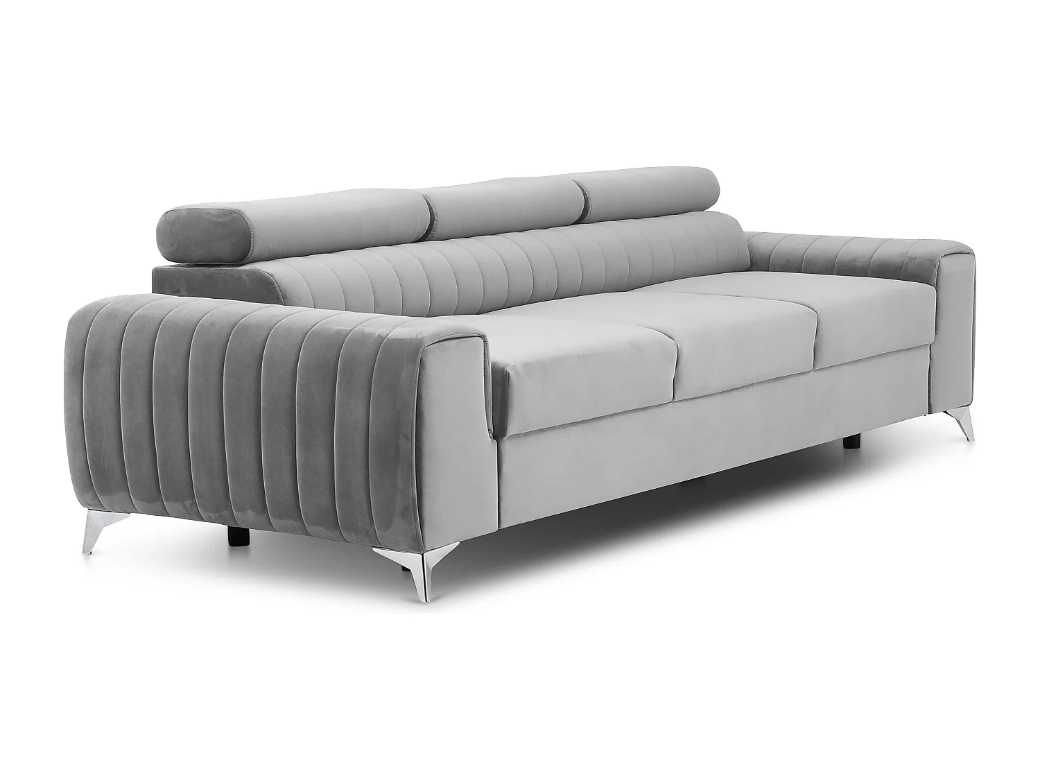 Canapé convertible velours LOZA - Appuis-tête réglables et pieds acier chromé-Gris clair