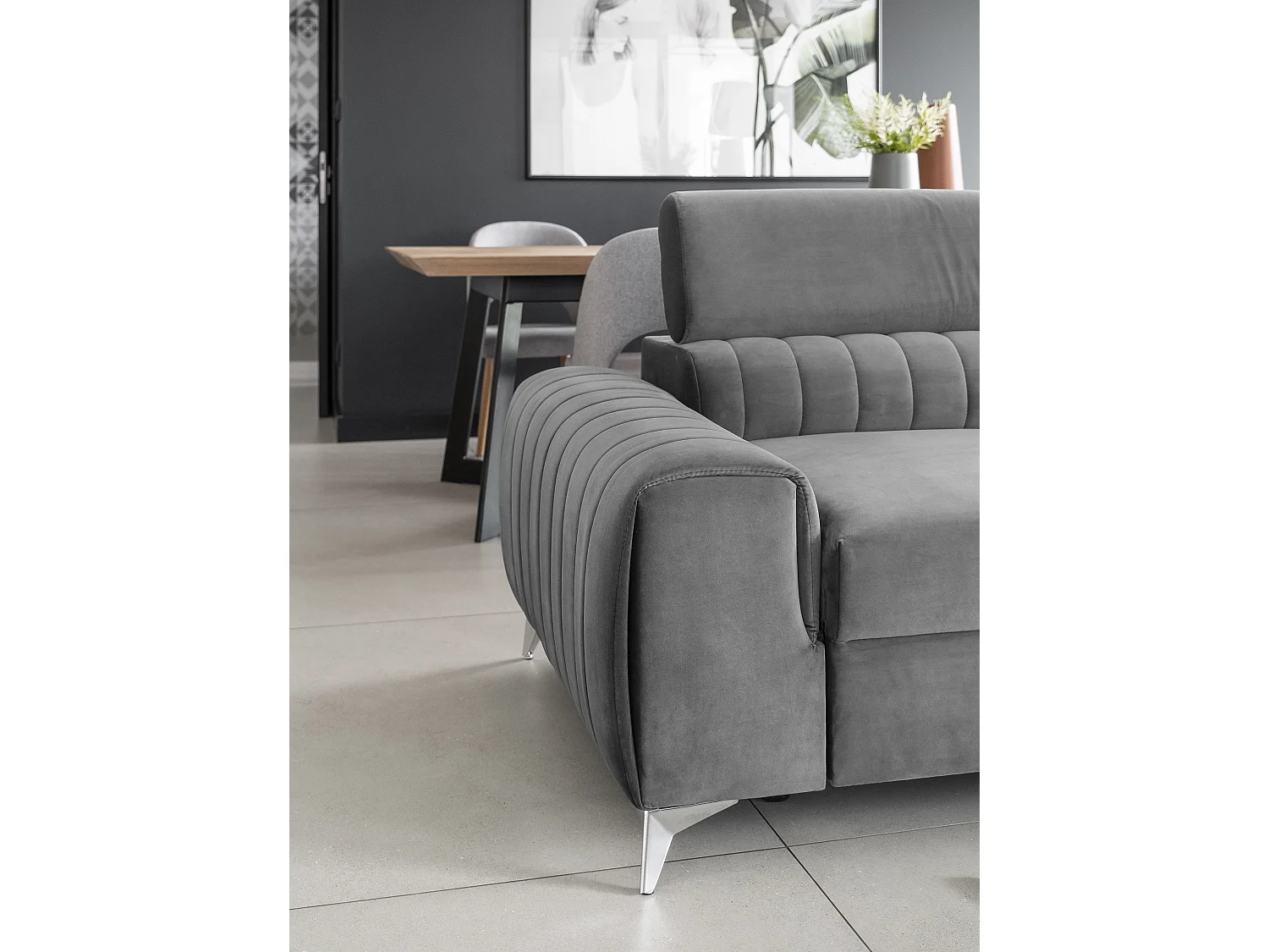 Canapé convertible velours LOZA - Appuis-tête réglables et pieds acier chromé-Gris clair