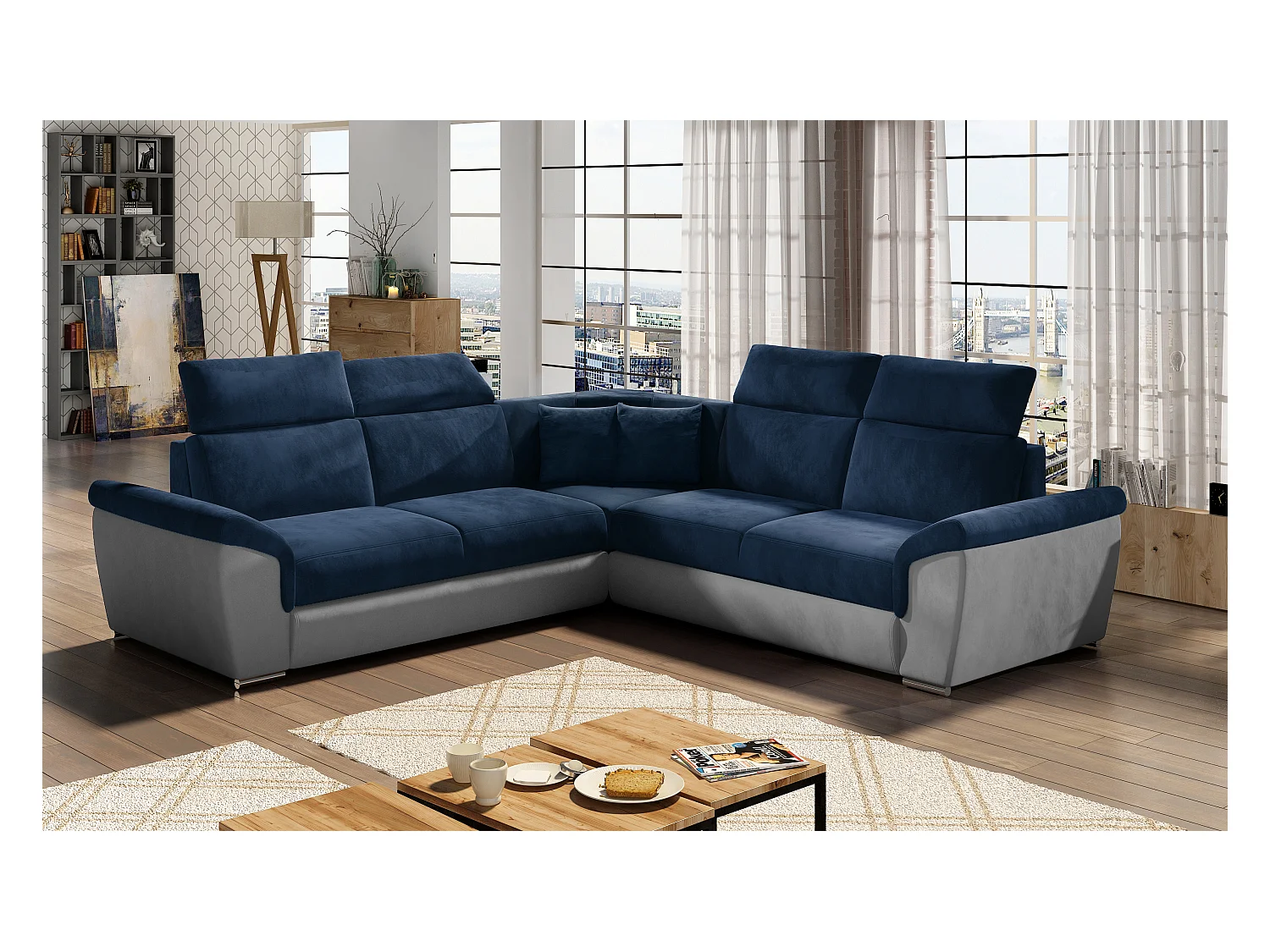 Canapé d'angle réversible et convertible velours Neo - Pieds acier chromé-Gris clair/Bleu