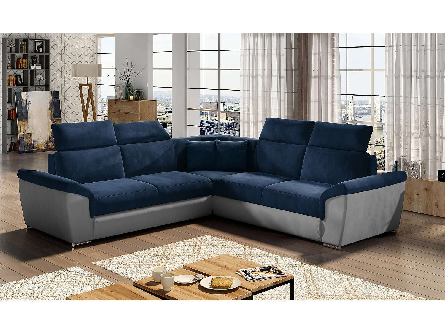 Canapé d'angle réversible et convertible velours Neo - Pieds acier chromé-Gris clair/Bleu