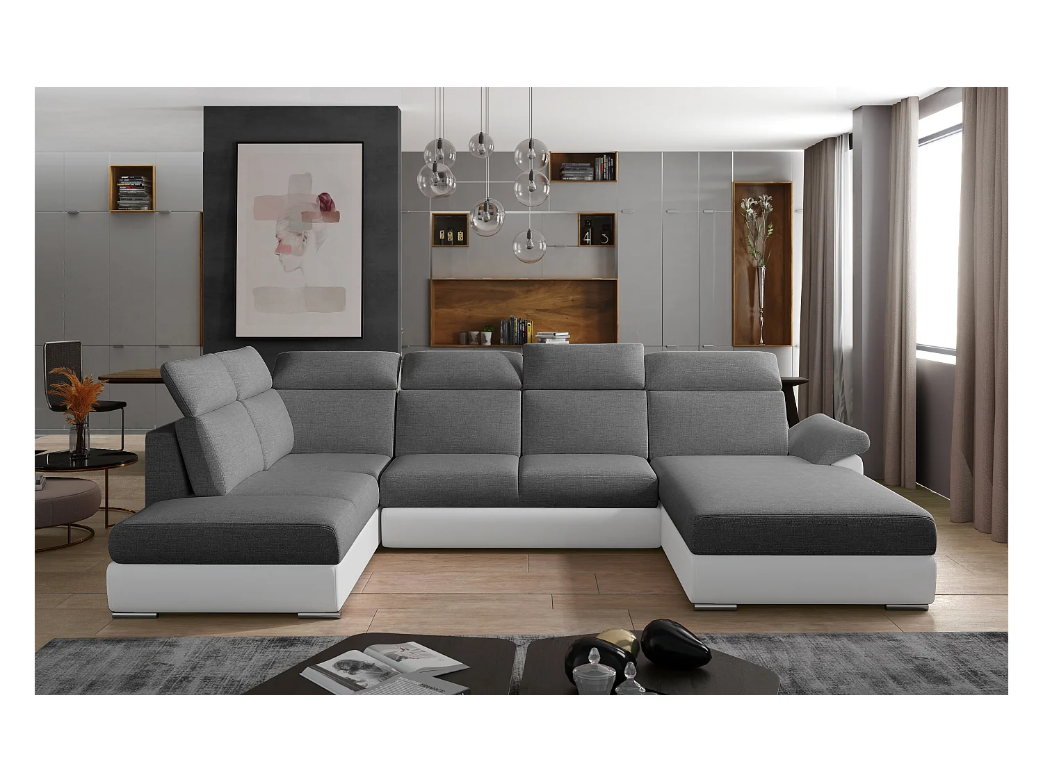 Canapé Convertible Panoramique LEVANO Tissu et Simili Cuir, Têtières-Blanc/Gris-Coffre à droite