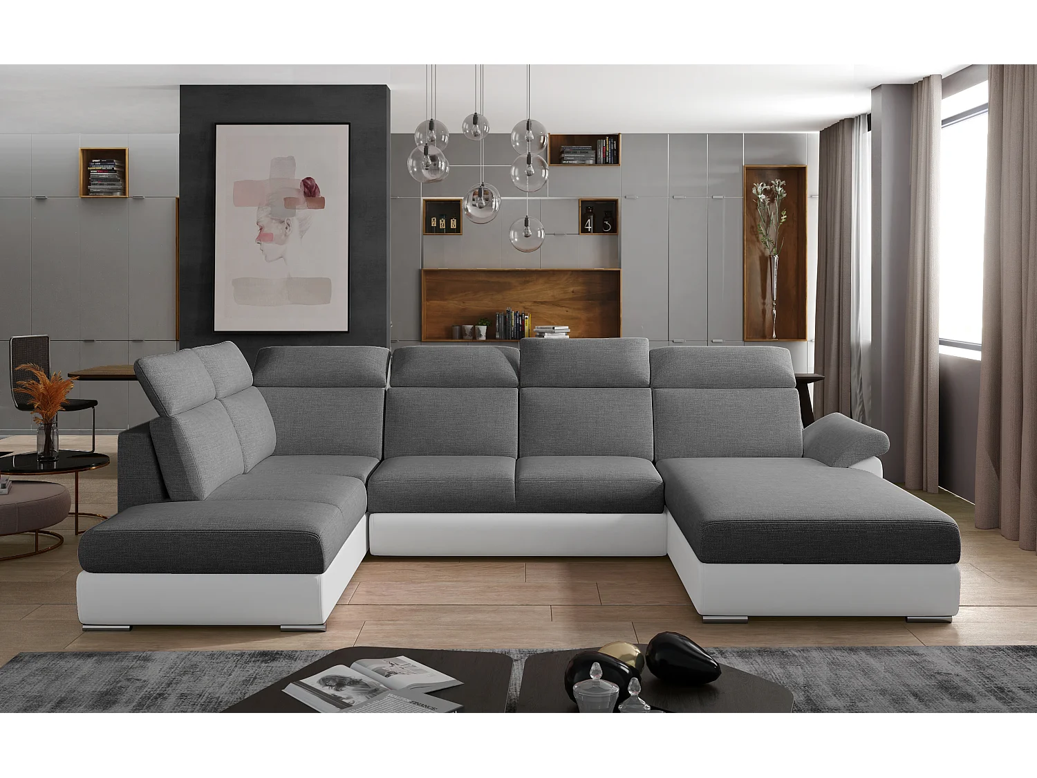 Canapé Convertible Panoramique LEVANO Tissu et Simili Cuir, Têtières-Blanc/Gris-Coffre à droite