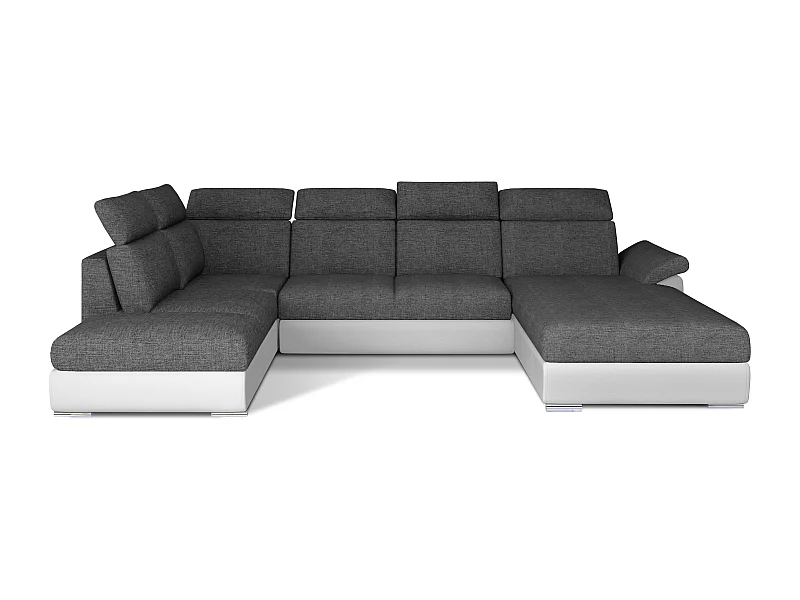 Canapé Convertible Panoramique LEVANO Tissu et Simili Cuir, Têtières-Blanc/Gris-Coffre à droite
