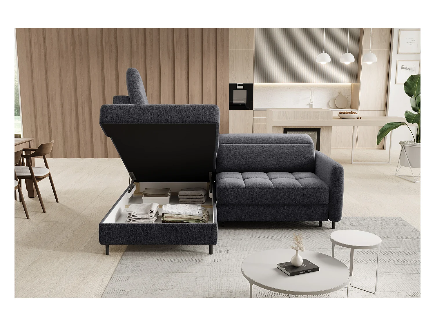 Kleine omvormbare stoffen hoekbank met opbergruimte BOREA 208 cm-Kleur Houtskool grijs-linkerhoek