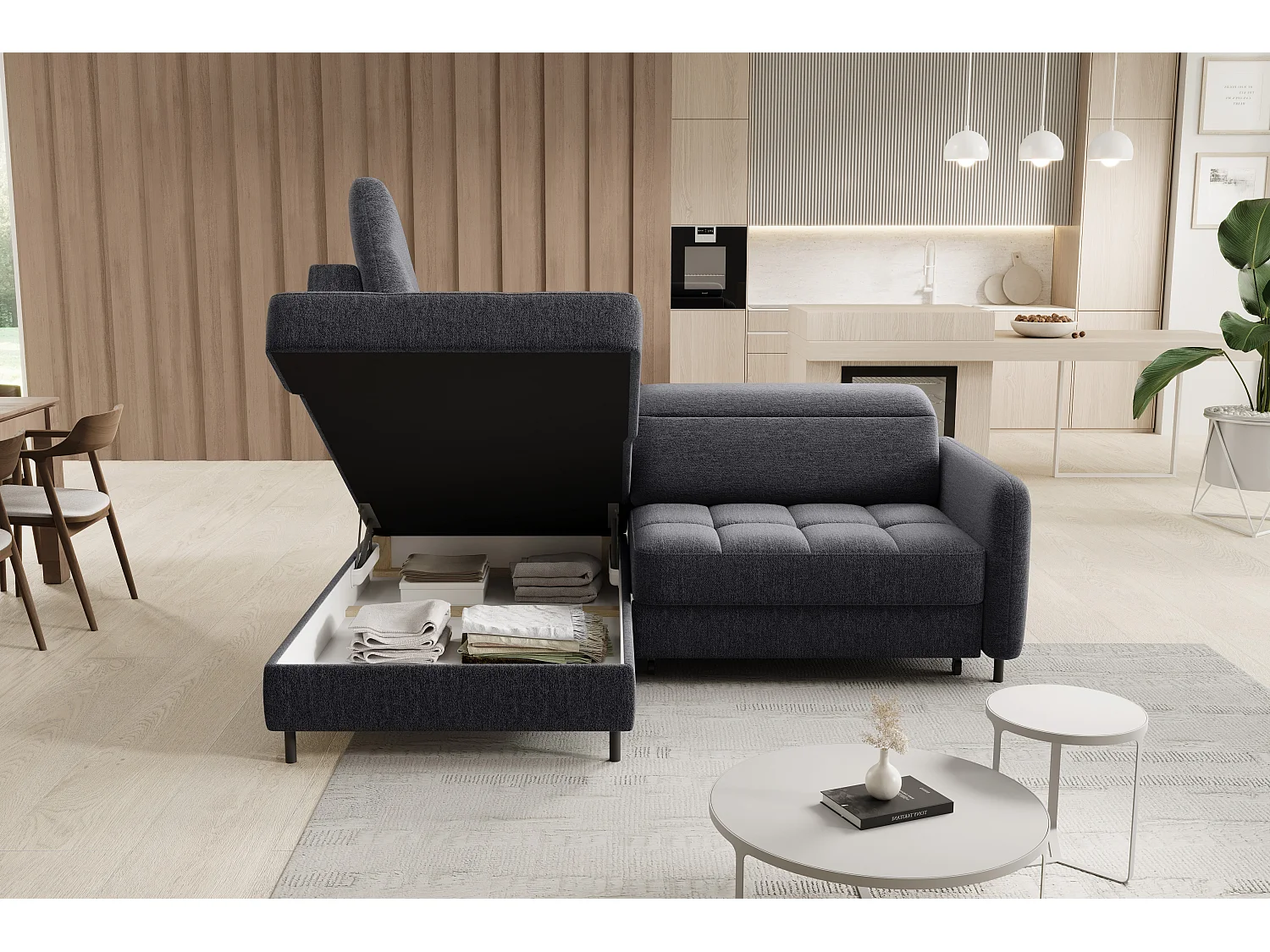 Kleine omvormbare stoffen hoekbank met opbergruimte BOREA 208 cm-Kleur Houtskool grijs-linkerhoek