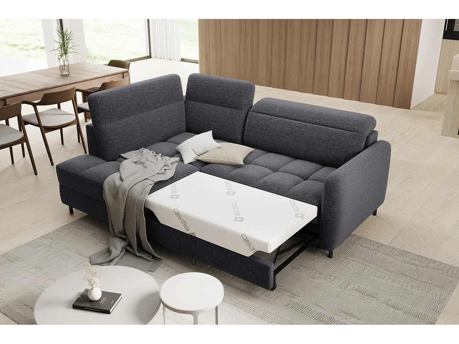 Kleine omvormbare stoffen hoekbank met opbergruimte BOREA 208 cm-Kleur Houtskool grijs-linkerhoek