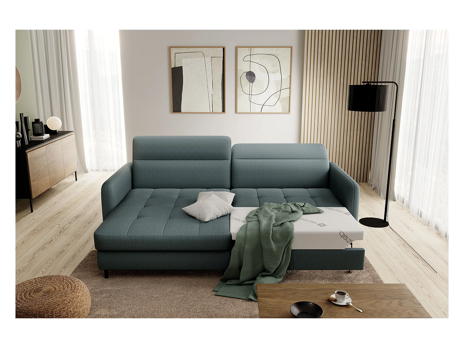 Petit canapé d’angle convertible tissu Kunder-Vert céladon-angle gauche