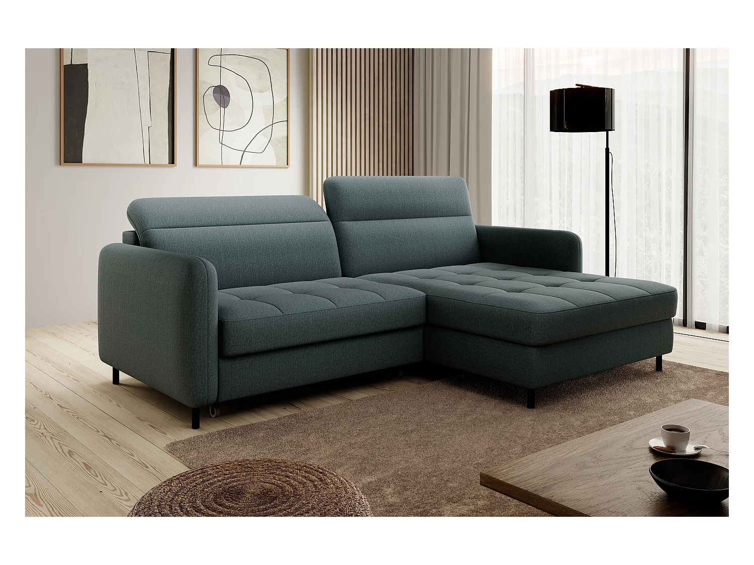 Petit canapé d’angle convertible tissu Kunder-Vert céladon-angle gauche