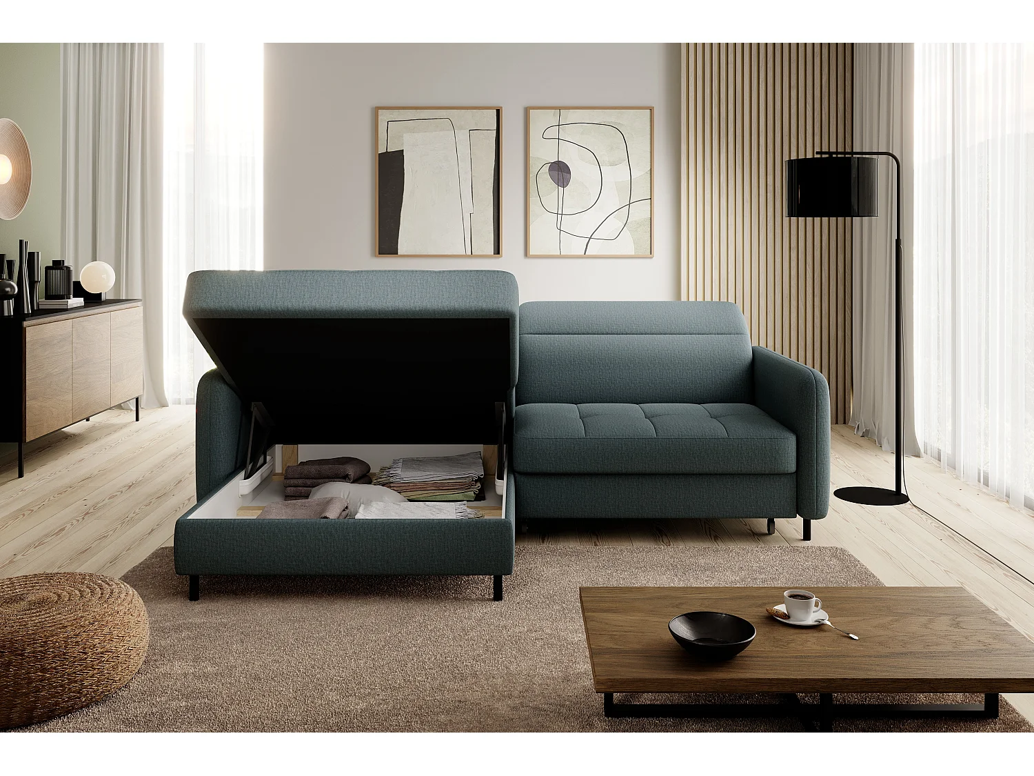 Petit canapé d’angle convertible tissu Kunder-Vert céladon-angle gauche