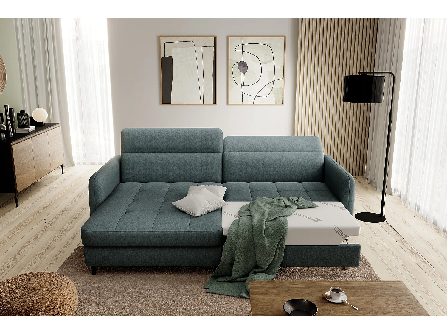 Petit canapé d’angle convertible tissu Kunder-Vert céladon-angle gauche