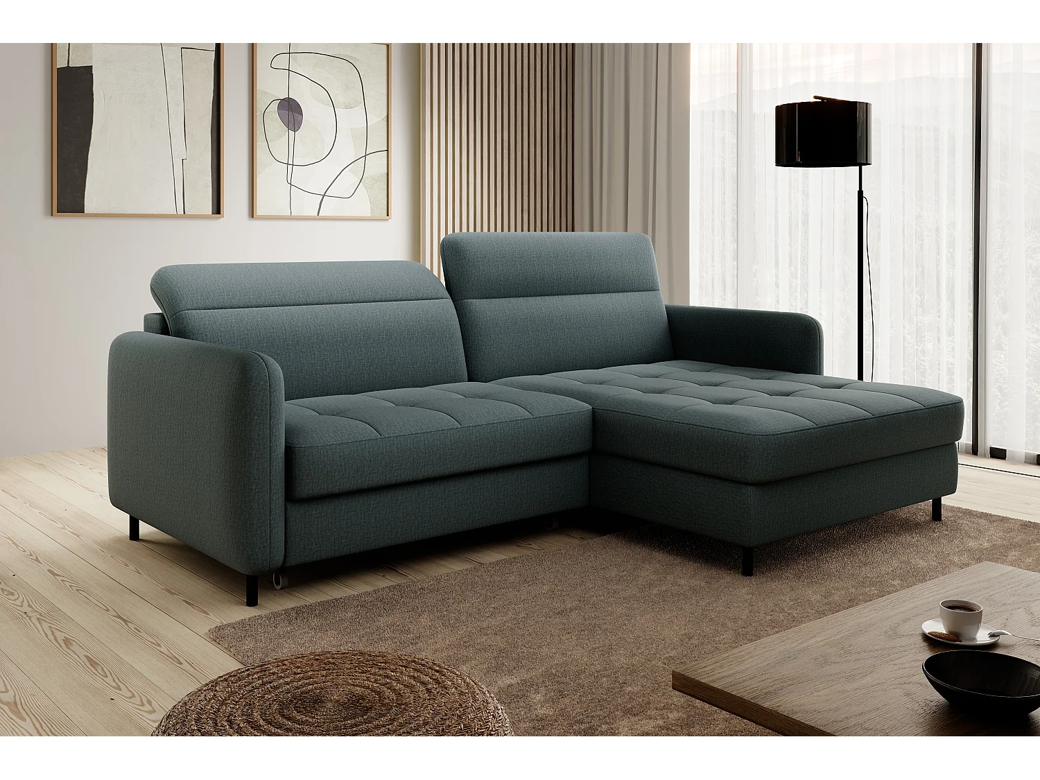 Petit canapé d’angle convertible tissu Kunder-Vert céladon-angle gauche