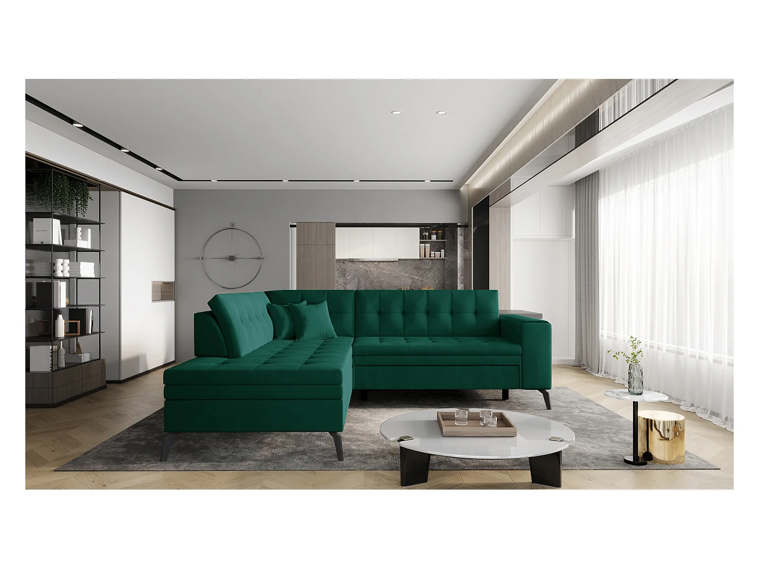 Canapé d'angle convertible velours LARRY - Pieds acier noir-Vert foncé-angle gauche