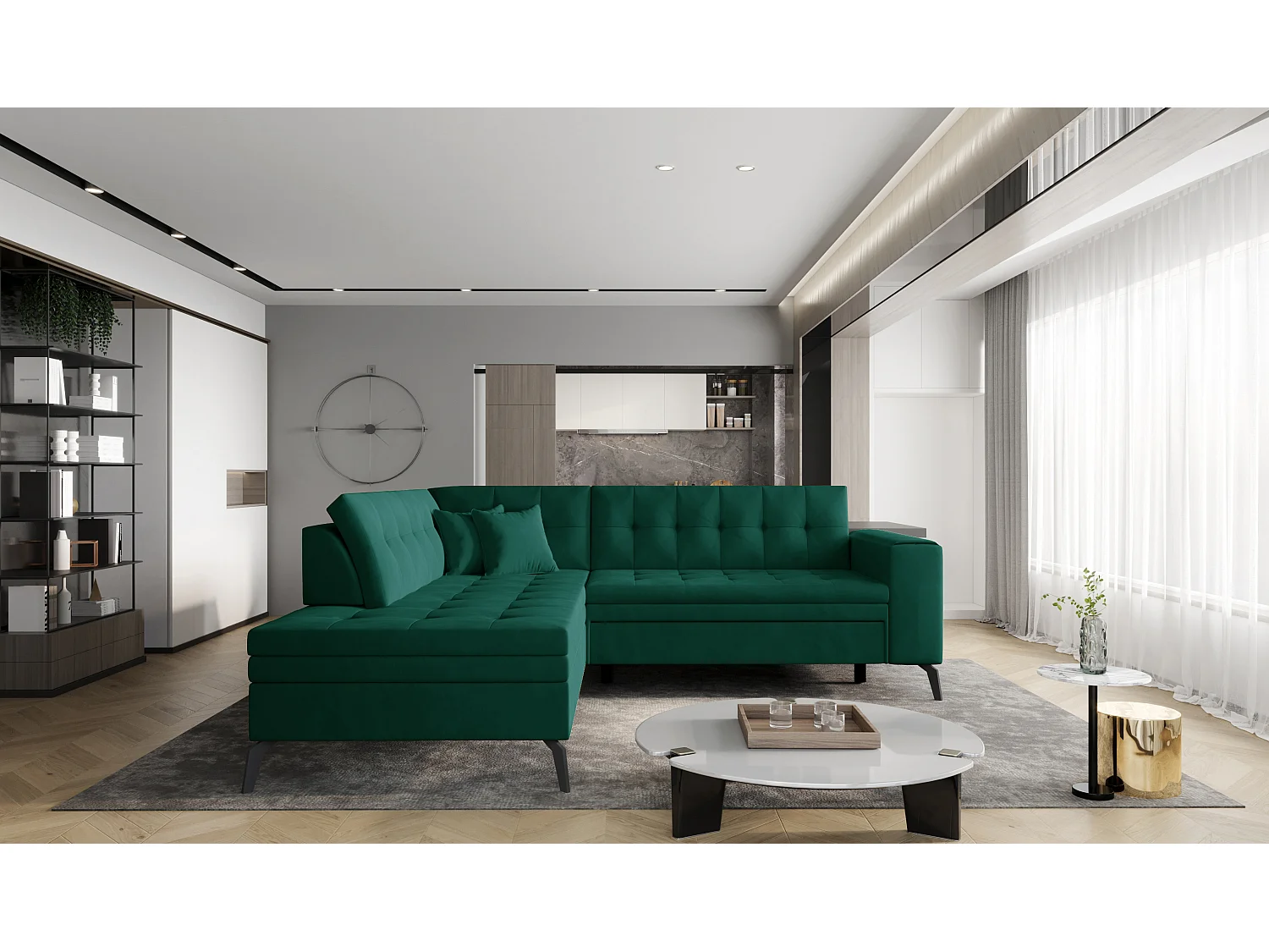 Canapé d'angle convertible velours LARRY - Pieds acier noir-Vert foncé-angle gauche