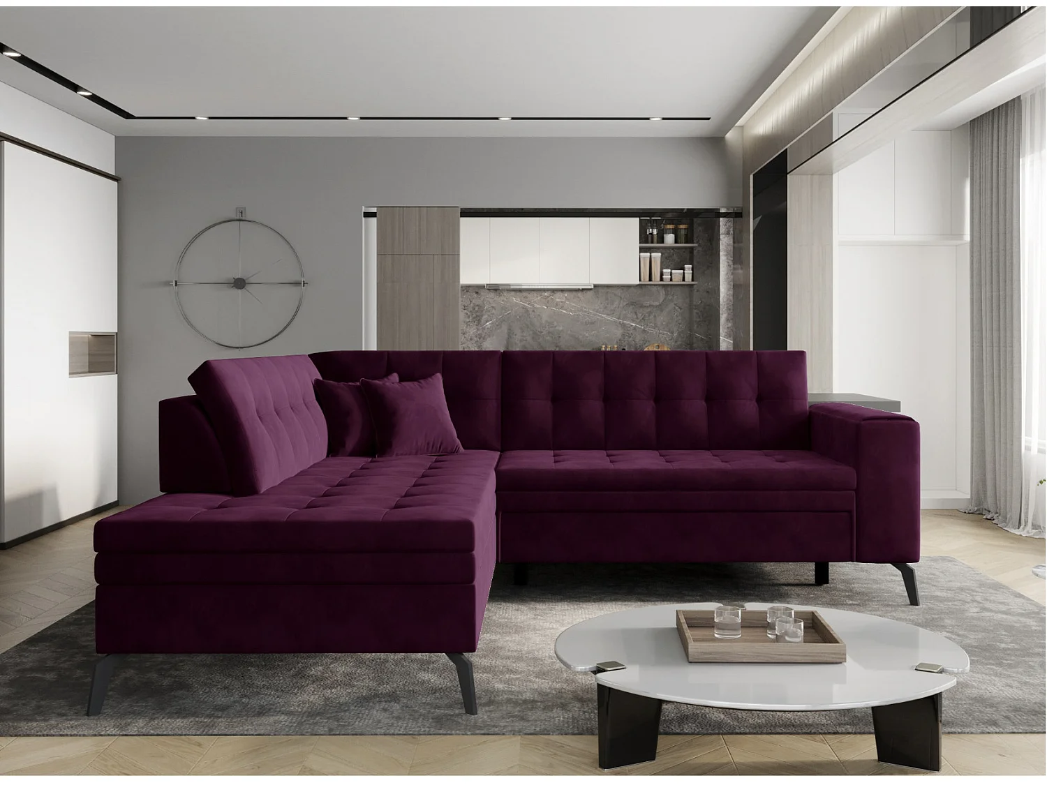 Canapé d'angle convertible velours LARRY - Pieds acier noir-Vert foncé-angle gauche