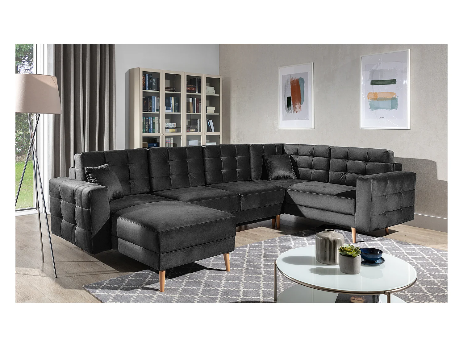 ANSKA converteerbare panoramische bank in fluweel - Poten van natuurlijk hout-Kleur Houtskool grijs