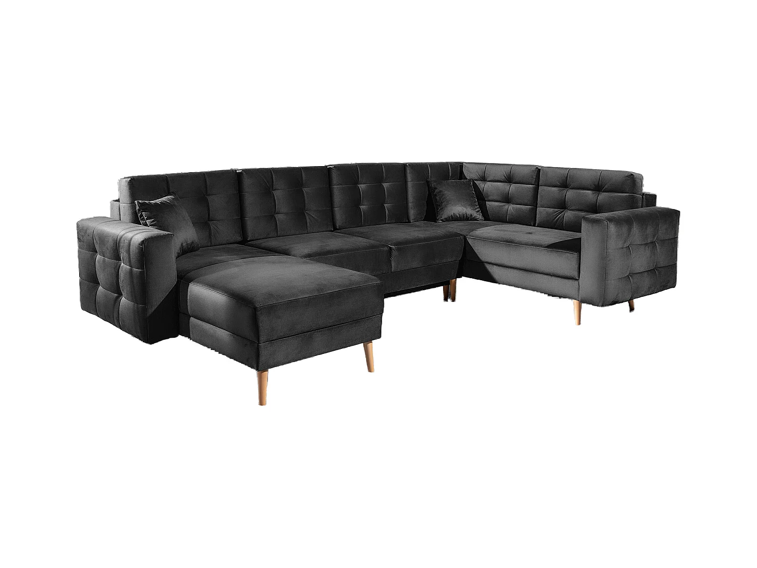 Canapé panoramique convertible ANSKA en velours - Pieds bois naturel-Gris anthracite