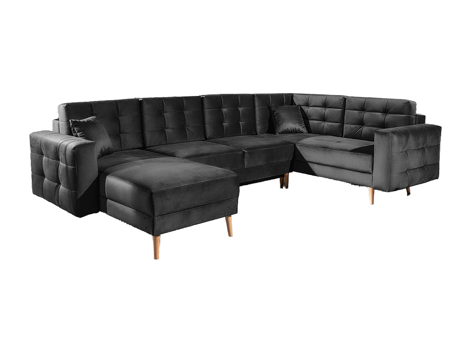 Canapé panoramique convertible ANSKA en velours - Pieds bois naturel-Gris anthracite