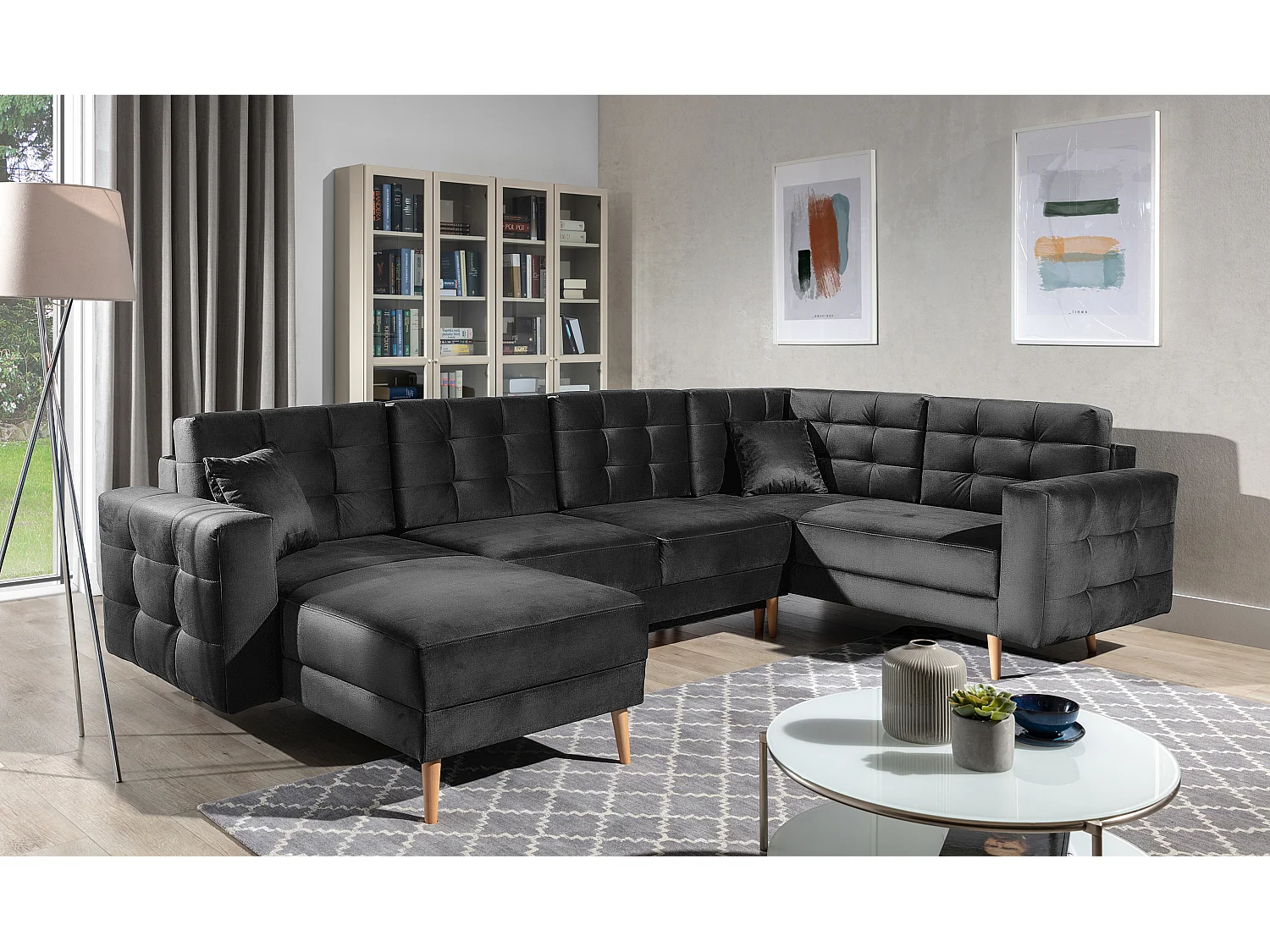 Canapé panoramique convertible ANSKA en velours - Pieds bois naturel-Gris anthracite