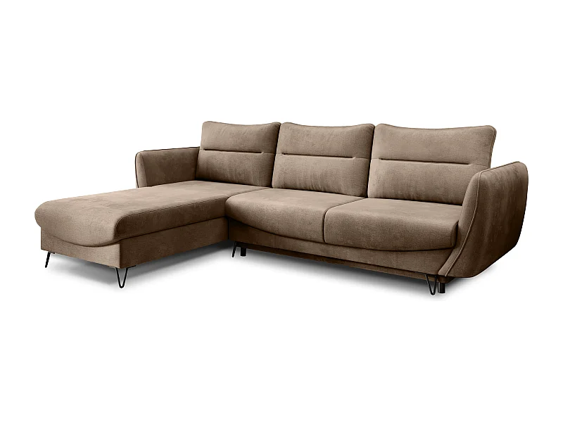 Canapé d'angle convertible velours ZURIK - Coffre de rangement et pieds métal noir-Beige-angle gauche