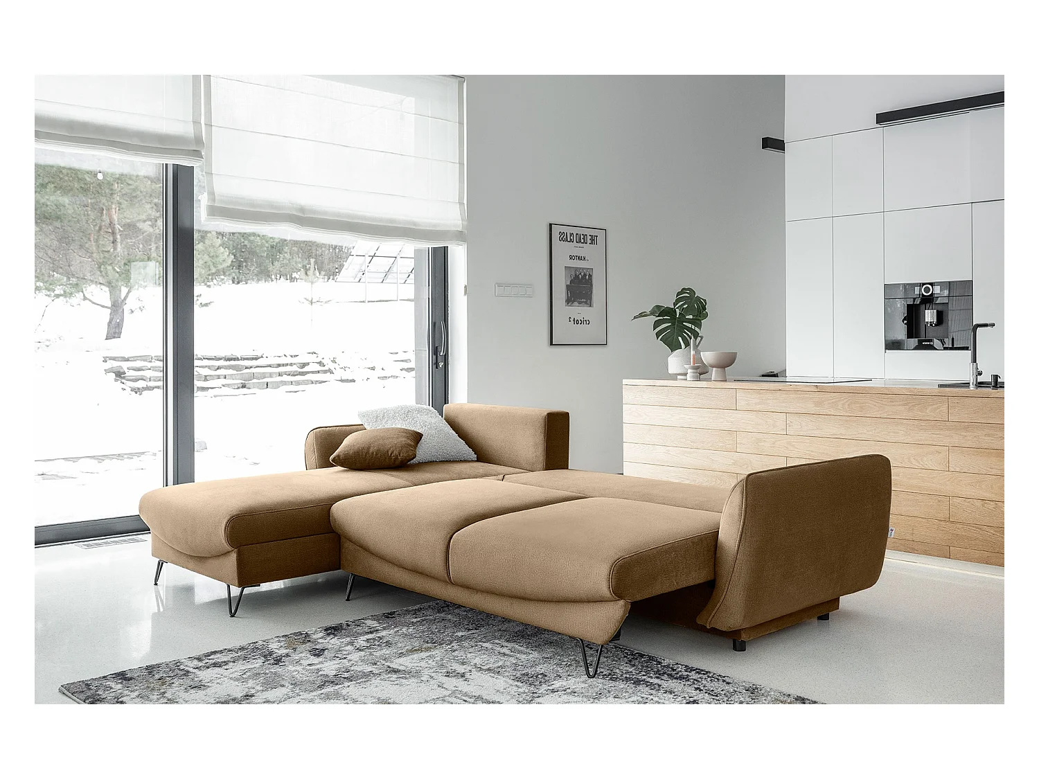 ZURIK omvormbare fluwelen hoekbank - Opbergbox en zwarte metalen poten-Kleur Beige-linkerhoek