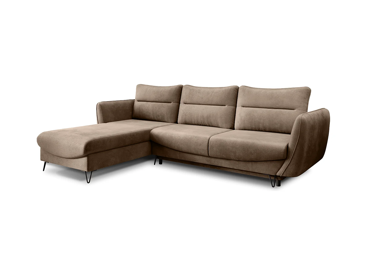 Canapé d'angle convertible velours ZURIK - Coffre de rangement et pieds métal noir-Beige-angle gauche