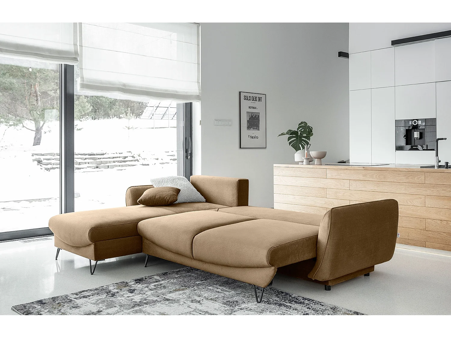 Canapé d'angle convertible velours ZURIK - Coffre de rangement et pieds métal noir-Beige-angle gauche