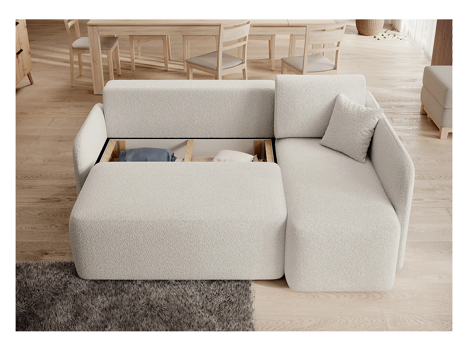 Petit canapé d'angle en tissu convertible avec coffre Takin 206cm-Blanc-angle droit