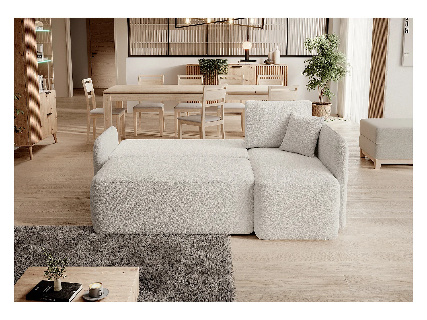 Petit canapé d'angle en tissu convertible avec coffre Takin 206cm-Blanc-angle droit