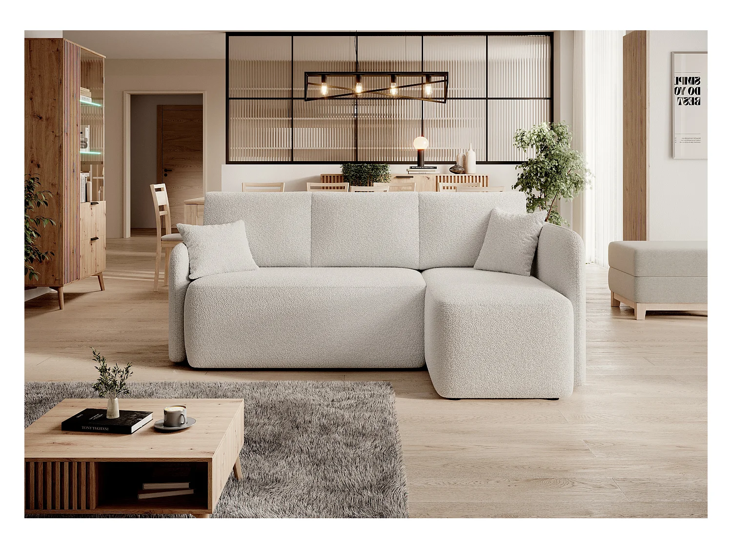 Petit canapé d'angle en tissu convertible avec coffre Takin 206cm-Blanc-angle droit