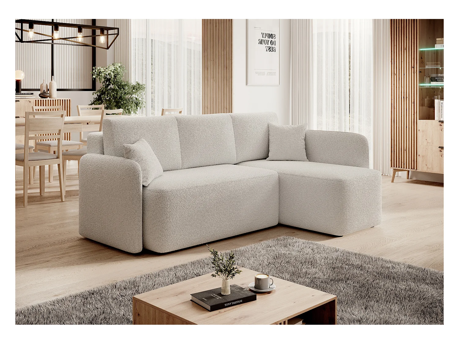 Petit canapé d'angle en tissu convertible avec coffre Takin 206cm-Blanc-angle droit