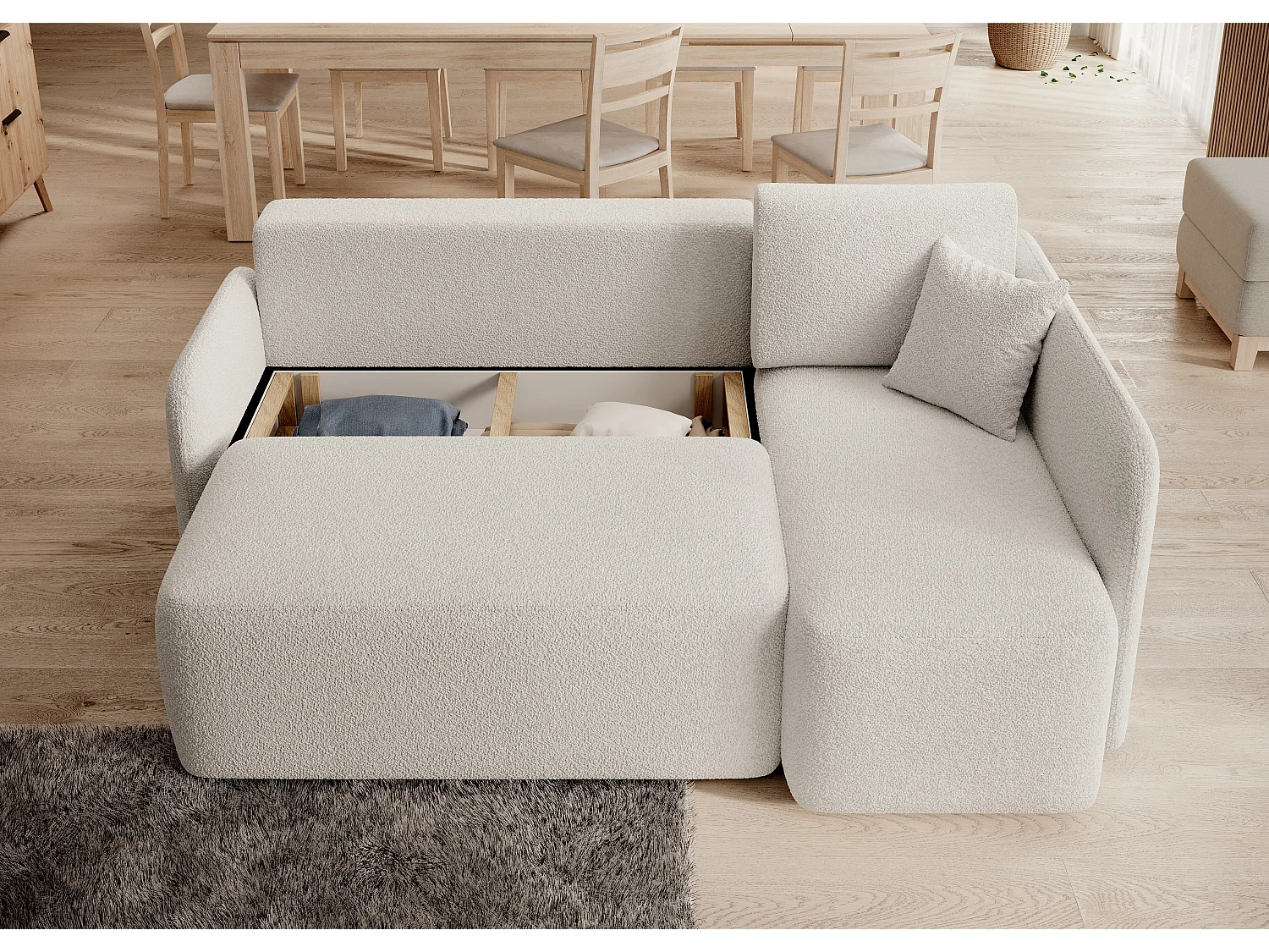 Petit canapé d'angle en tissu convertible avec coffre Takin 206cm-Blanc-angle droit