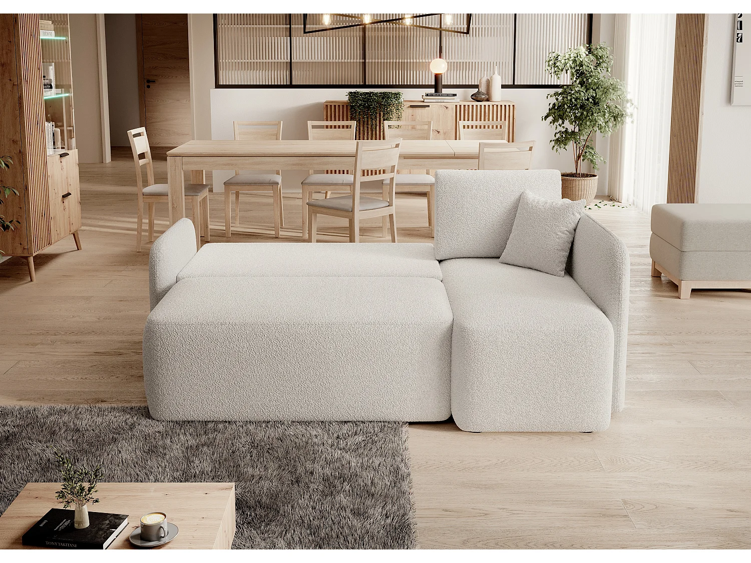 Petit canapé d'angle en tissu convertible avec coffre Takin 206cm-Blanc-angle droit